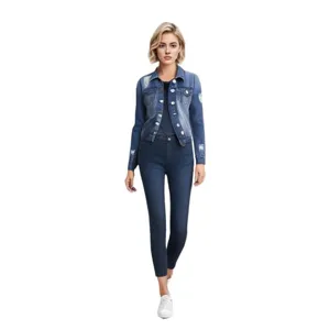 Women casual denim jacket and skinny jeans outfit, stylish long sleeve distressed outerwear.