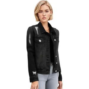 Women black distressed denim jacket long sleeve casual streetwear top fashion style