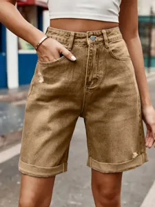 High waist denim shorts for women, casual rolled cuff design with distressed details. Perfect fit.