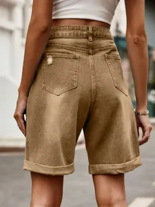 Women's casual rolled cuff denim shorts featuring a high waist and back pocket detail.