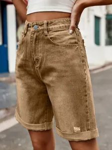 Stylish khaki denim shorts for women with rolled hem, high waist and casual design for daily wear.