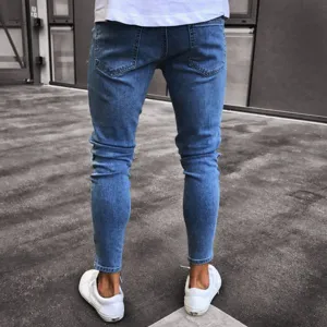 Men slim fit stretch blue denim jeans casual skinny denim pants for everyday streetwear fashion.