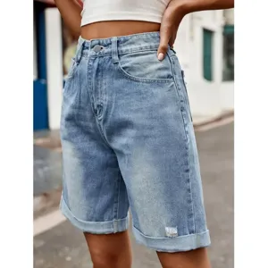 Womens high waist rolled cuff denim shorts, casual light blue summer shorts main view.