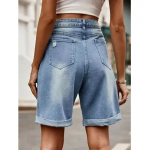 Women's high waist rolled cuff denim shorts casual streetwear light blue summer basic hot pants