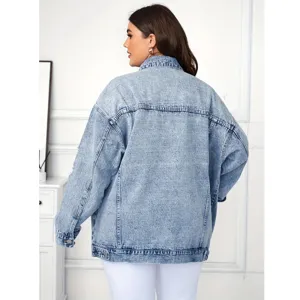 Oversized light blue acid wash denim jacket for women, casual vintage retro denim outerwear.