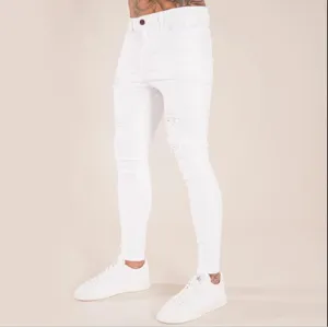 Men white distressed skinny jeans slim fit hip hop style denim pants for casual wear