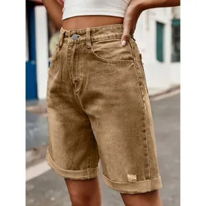 Women's high waist casual rolled cuff denim shorts fashion summer outdoor street wear