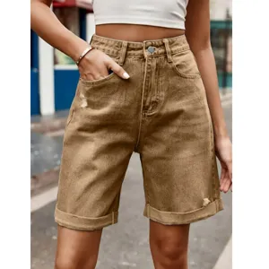 Women's high waist denim shorts casual rolled cuff khaki fashion summer denim bermuda shorts