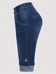 Women plus size stretch slim casual rolled cuff denim capri pants summer blue jeans