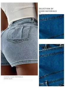 Detail view of high-waisted denim shorts for women, showing back fit and fabric texture.