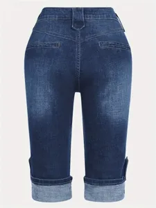 Women's plus size stretch slim fit casual rolled cuff denim capri pants biker jeans style.