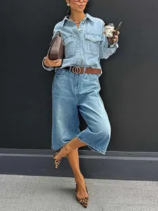 High waist straight capri denim jeans for women, stylish casual denim outfit for daily wear.