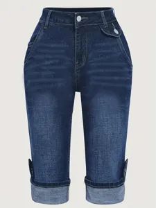 Women Plus Size Stretch Slim Casual Rolled Hem Denim Capri Summer Cycling Jeans Pants
