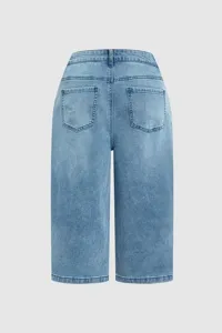 Back detail view of high-waisted straight-leg capri denim jeans, casual and stylish look.