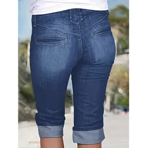 Women plus size stretch slim fit casual roll cuff denim capri pants bicycle style