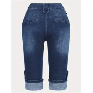 Women Plus Size Stretch Slim Fit Casual Rolled Cuff Denim Capri Pants - Back View