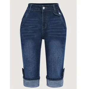 Plus size stretch slim fit casual cuffed denim shorts for women, solid dark blue main view.
