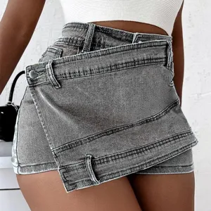 Women's high waist asymmetric denim skirt shorts casual grey summer stylish mini skort bottom