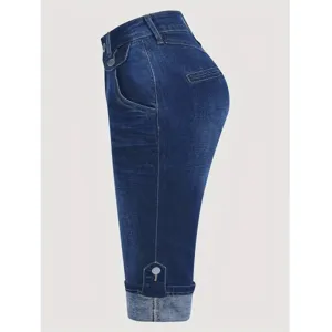 Women's stretch slim fit denim capri pants casual rolled cuff dark blue stylish jeans