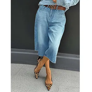 Women Casual High Waist Straight Leg Denim Capris Plus Size Light Blue Jeans Regular Fit Cotton Blend Bottom