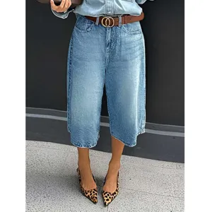 Women high waist straight denim culottes cropped jeans casual stylish trousers with belt