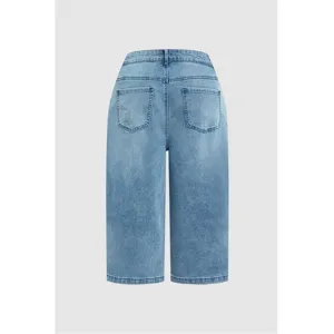 Women high waist light blue denim capri pants summer casual straight jeans back pockets