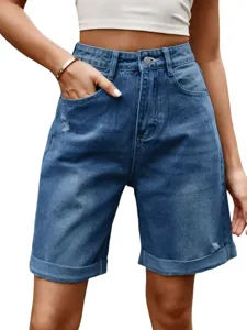 High waist denim shorts with rolled cuffs, casual washed blue summer denim shorts for women.
