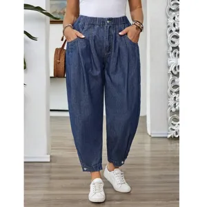 Pantalon en Denim Ample Décontracté pour Femmes Taille Haute Jogger à Revers Détail de Bouton Grande Taille Jeans Bleu Lavé