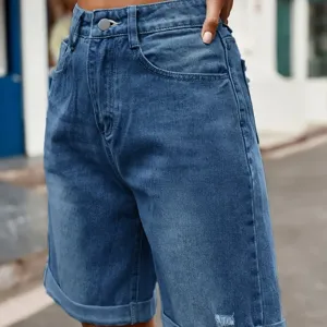 High-waisted denim shorts for women with rolled cuffs, casual washed blue cotton denim fabric.