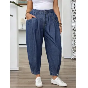 Pantalon en denim bleu large taille haute pour femme decontracté avec boutons chic