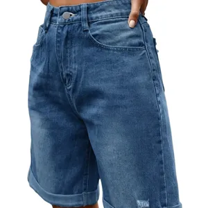 Women high waist denim shorts with rolled cuffs, casual washed stretchy jean shorts.