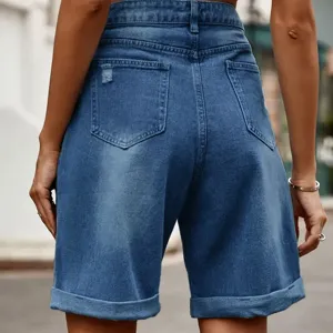 Women's high-waisted denim shorts with rolled cuffs, washed finish, casual stretch design.