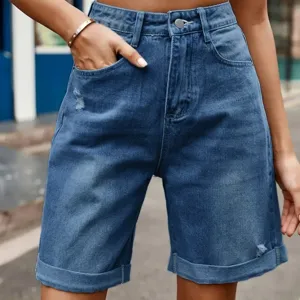 Women high waisted cuffed denim shorts casual washed blue stretch jeans summer apparel