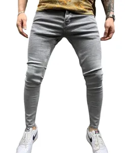 Men's light grey skinny slim fit denim jeans pants detailed view showing leg shape.