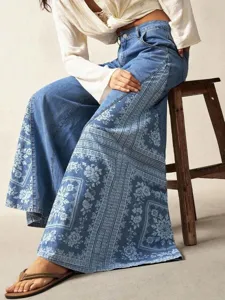 Bohemian women wide leg denim jeans with floral print, casual loose trousers new style.