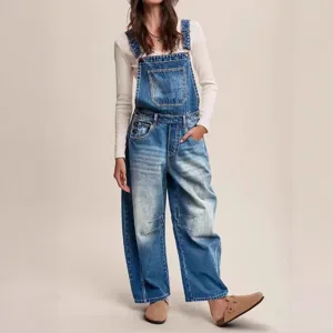 Women denim overalls casual loose straight leg dungarees for women daily fashion style