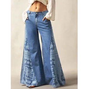 Bohemian Women Plus Size Loose Denim Pants Floral Print Patchwork High Waist Casual Wide Leg Long Trousers