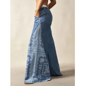 Bohemian women's plus-size wide-leg denim trousers with floral patch side and pockets