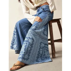 Bohemian women's loose wide-leg jeans with floral patterns, casual style new main view.