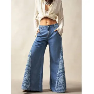 Bohemian floral print wide leg denim pants for women casual loose jeans with pockets