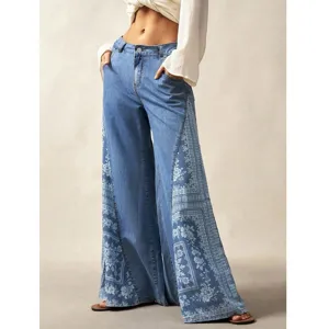 Boho wide leg denim pants for women with floral side print and pockets casual style