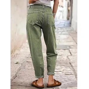 Jeans casual pour femmes à revers vert olive, pantalon ample classique pour toutes les saisons.