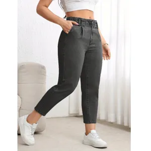 Women high waist washed black denim jeans casual straight cropped trousers fashion