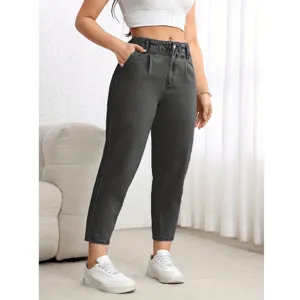 Washed black high-waisted mom jeans for women, stretch casual straight denim pants.