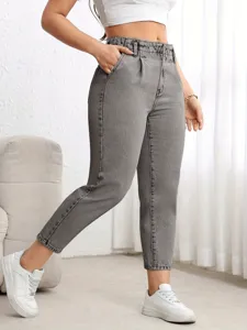 High waist grey washed denim pants for women casual straight leg jeans with pockets stylish.