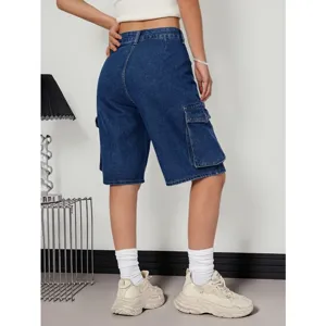 Short en jean cargo femme mode casual ete basique bleu denim details vue arriere pro