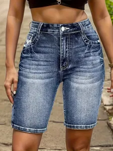 Pantaloncini di jeans da donna vita alta vintage elastici blu slim casual estivi