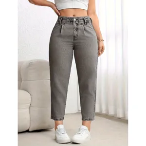 Women's Casual Cotton Blend Low Waist Straight Leg Cropped Jeans Washed Dark Gray Fashion Denim Pants Daily Wear