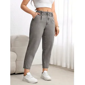 High waist grey washed denim jeans for women, casual pleated straight leg cropped pants.