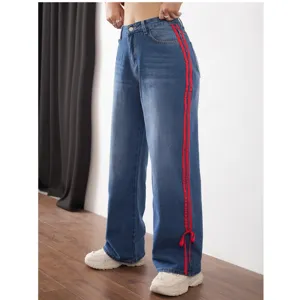 Damen vintage blaue gerade Jeans Hosen mit rotem Seitenstreifen lässige Hauptansicht.